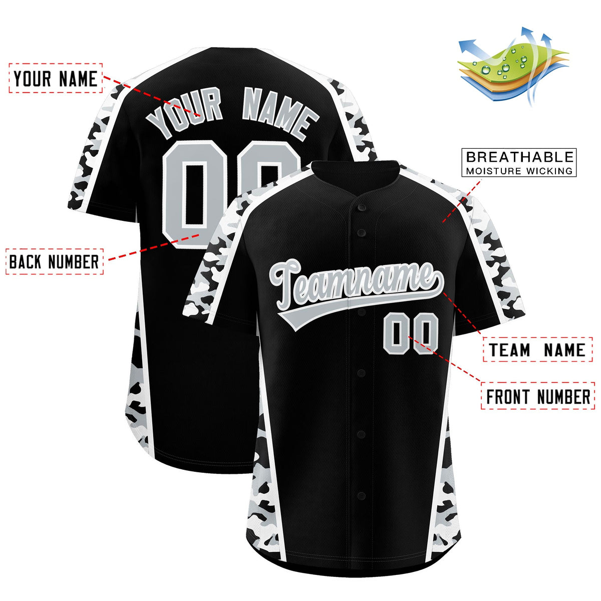 Custom Black Silver Side Camo Style Personalization Baseball Jersey| KXKSHOP