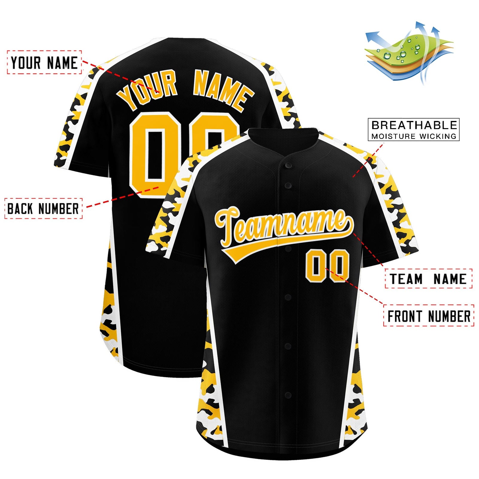 Custom Black Yellow Side Camo Style Personalization Baseball Jersey| KXKSHOP