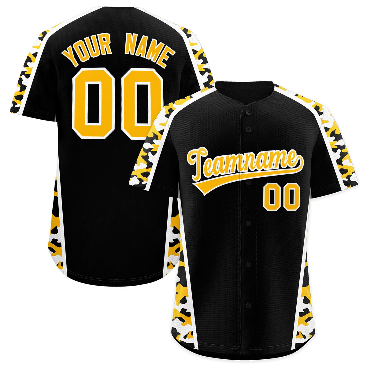 Custom Black Yellow Side Camo Style Personalization Baseball Jersey| KXKSHOP