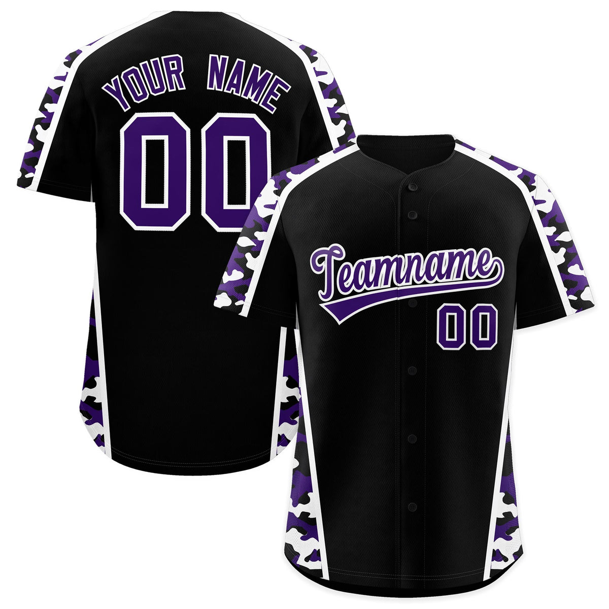 Custom Black Purple Side Camo Style Personalization Baseball Jersey| KXKSHOP