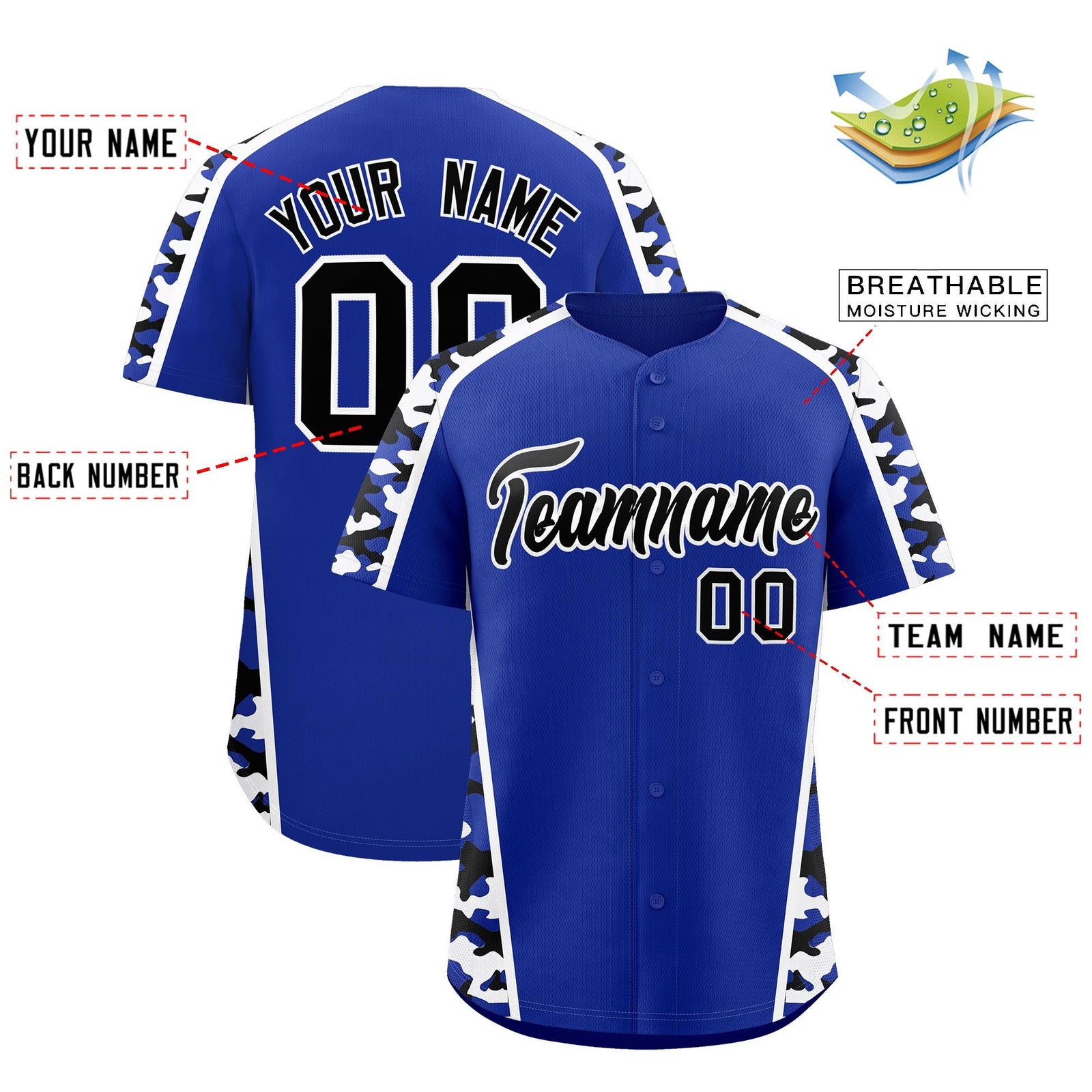 Custom Royal Blue Black Side Camo Style Personalization Baseball Jersey| KXKSHOP