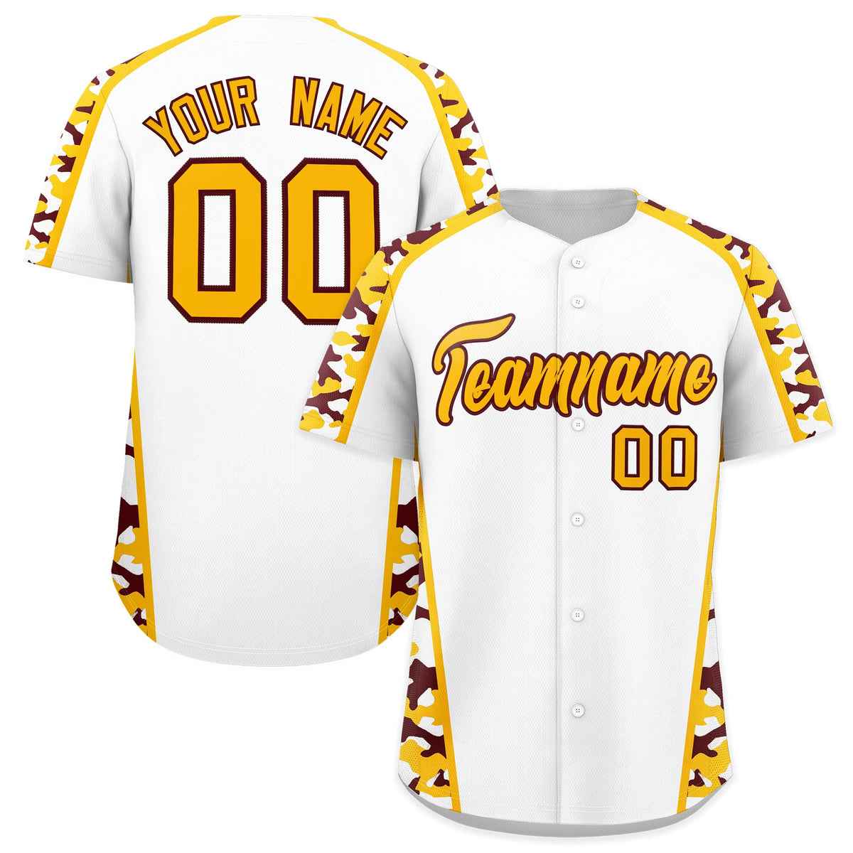 Custom White Yellow Side Camo Style Personalization Baseball Jersey| KXKSHOP