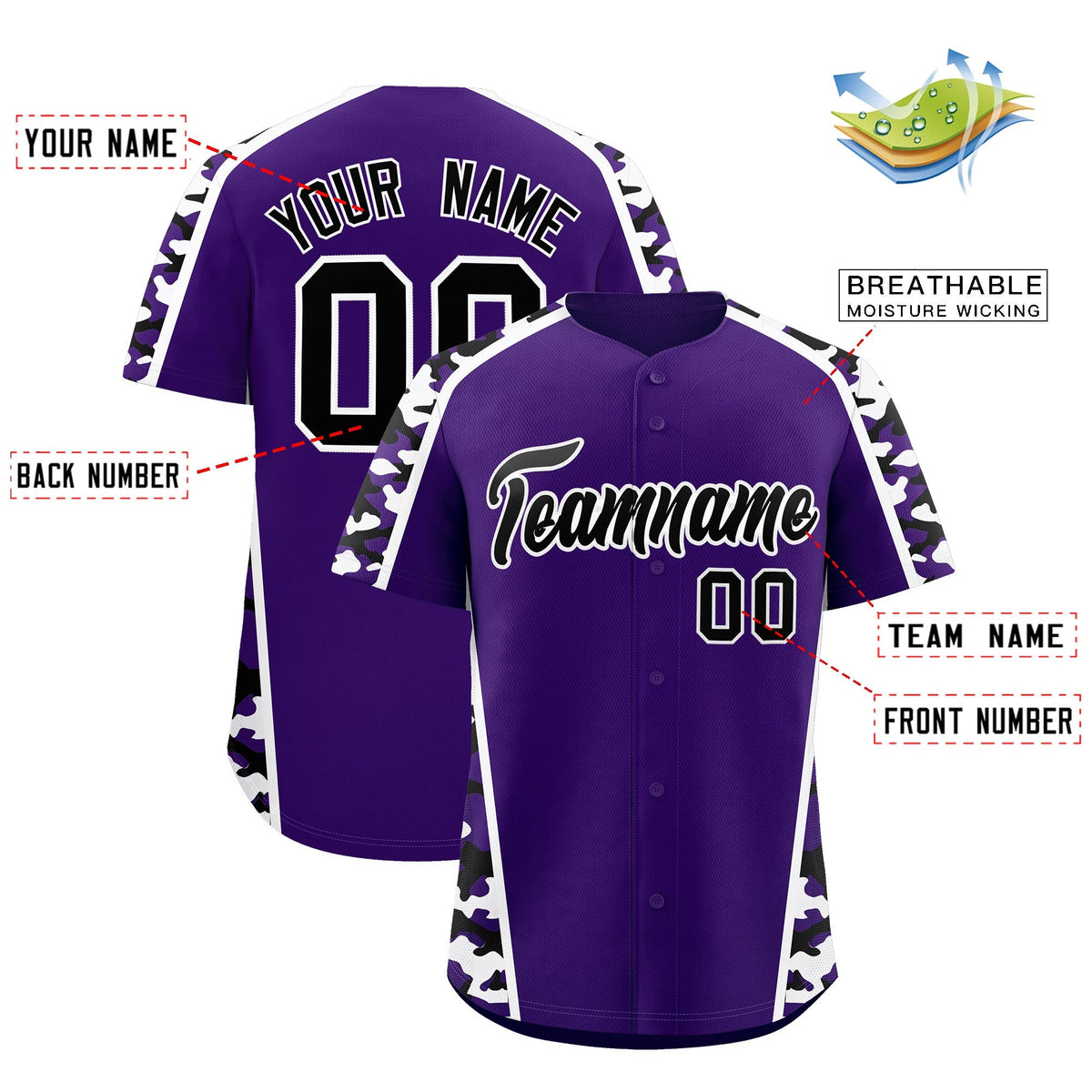 Custom Purple Black Side Camo Style Personalization Baseball Jersey| KXKSHOP