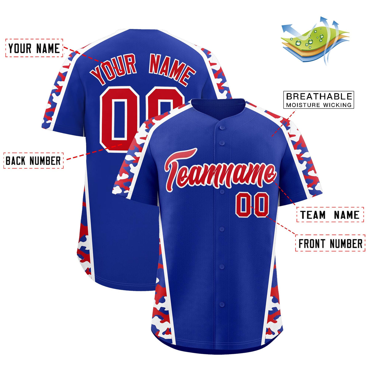 Custom Royal Blue Red Side Camo Style Personalization Baseball Jersey| KXKSHOP