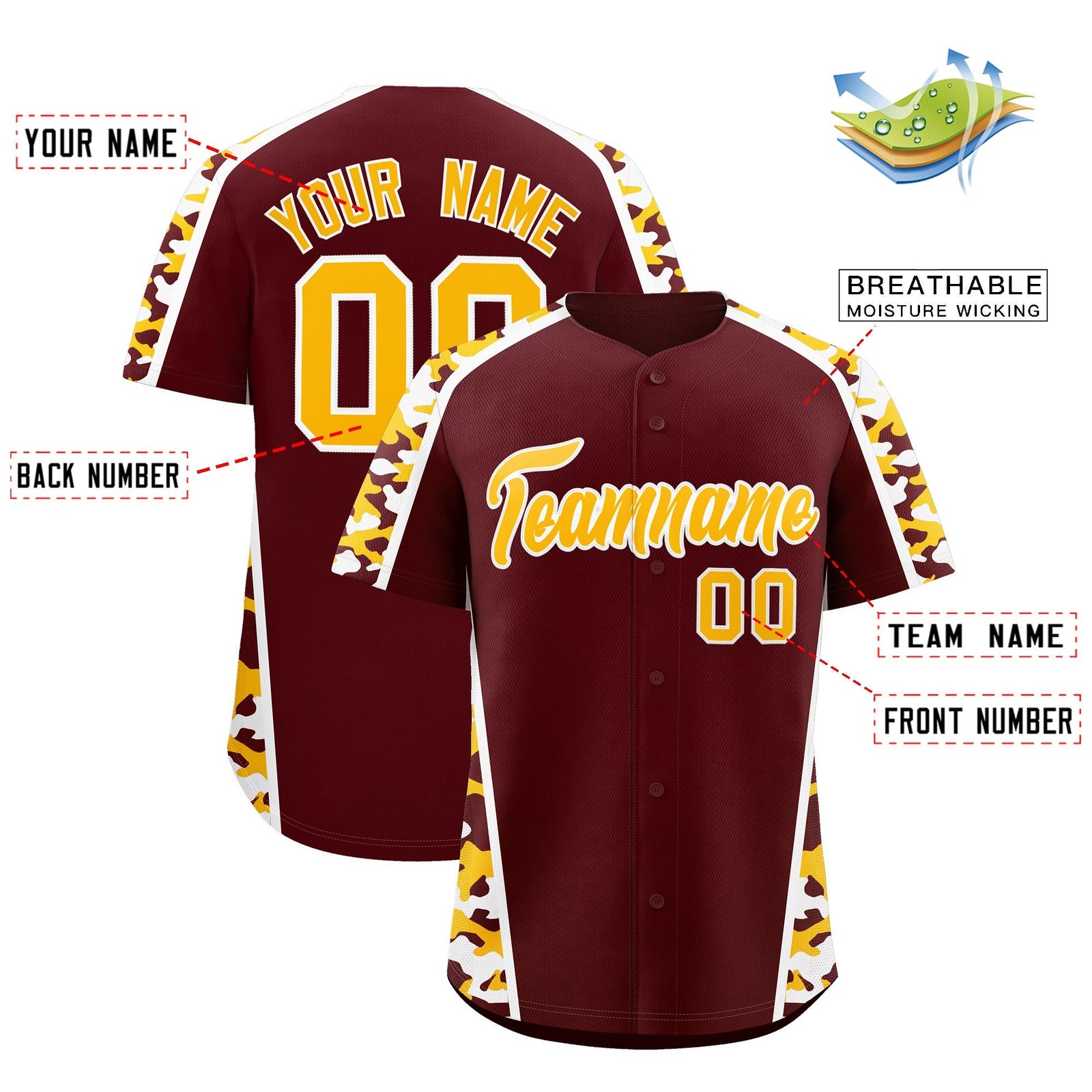 Custom Burgundy Yellow Side Camo Style Personalization Baseball Jersey| KXKSHOP