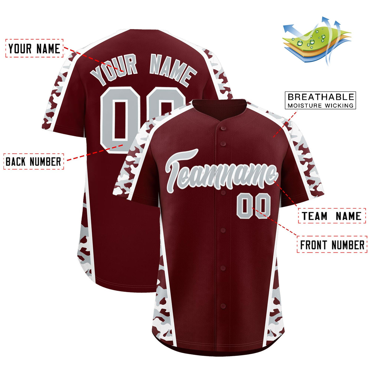 Custom Burgundy Silver Side Camo Style Personalization Baseball Jersey| KXKSHOP