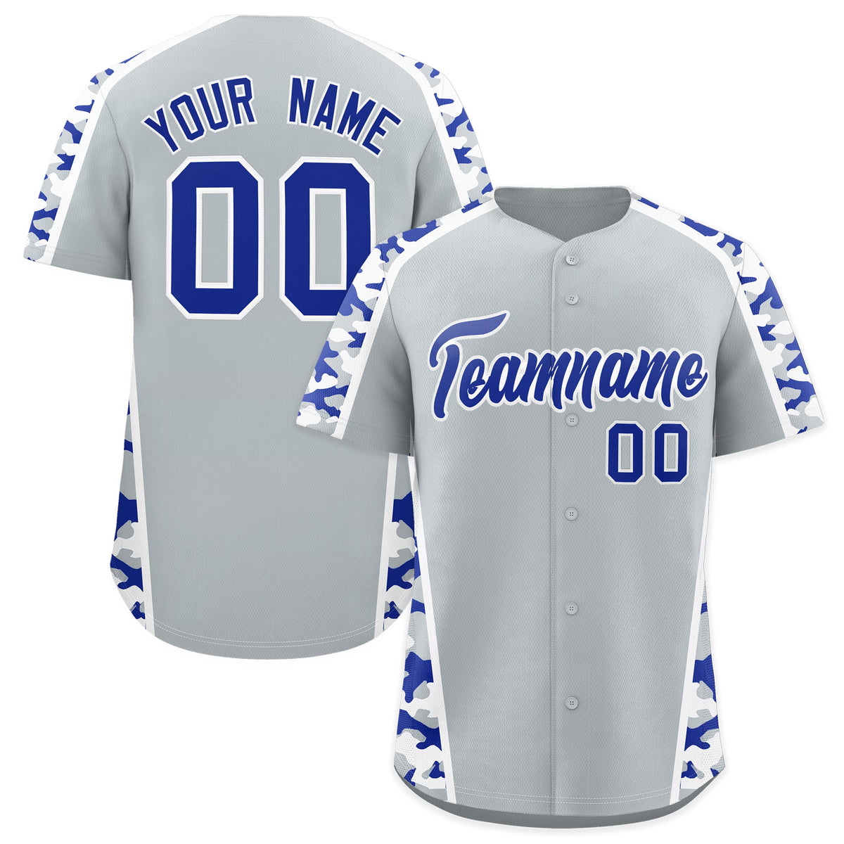 Custom Silver Royal Blue Side Camo Style Personalization Baseball Jersey| KXKSHOP