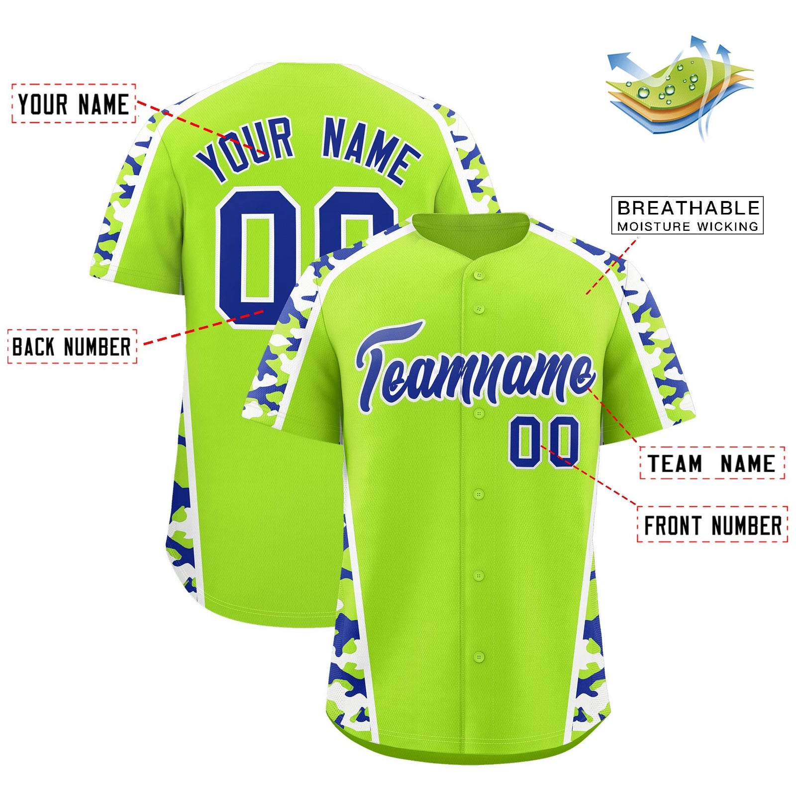 Custom Neon Green Royal Blue Side Camo Style Personalization Baseball Jersey| KXKSHOP