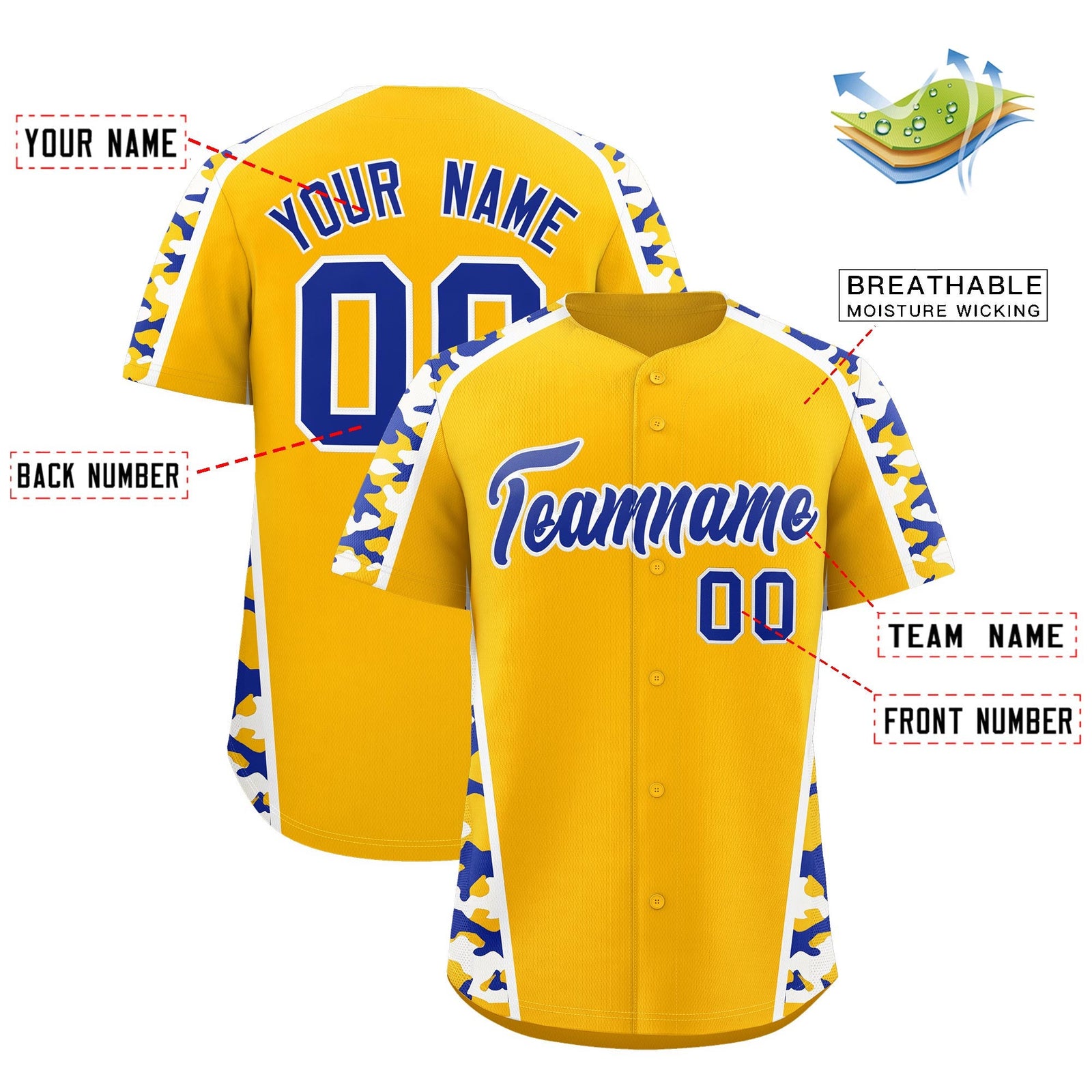Custom Yellow Royal Blue Side Camo Style Personalization Baseball Jersey| KXKSHOP