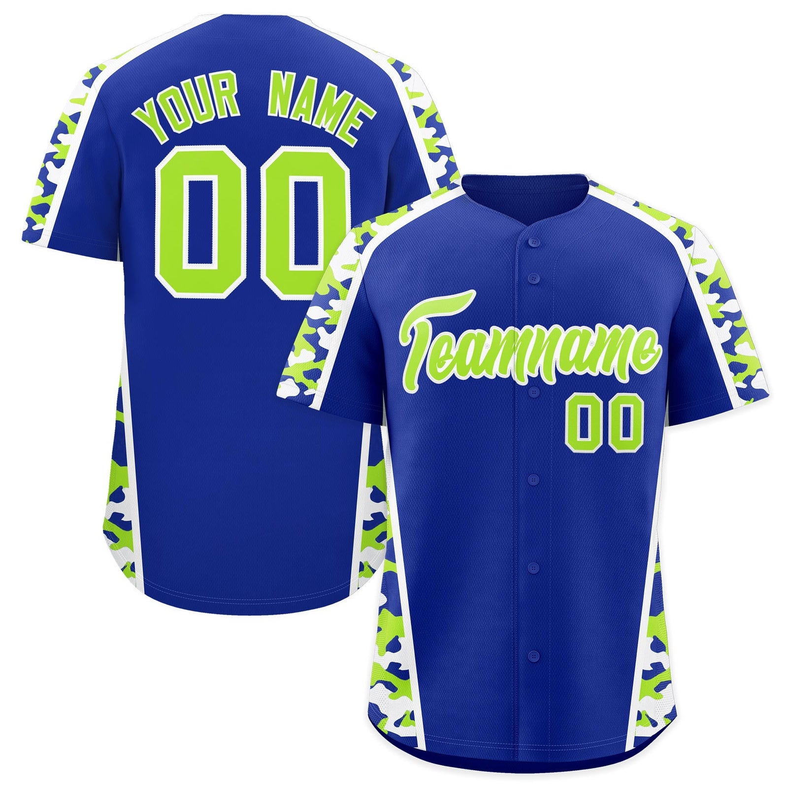 Custom Royal Blue Neon Green Side Camo Style Personalization Baseball Jersey| KXKSHOP