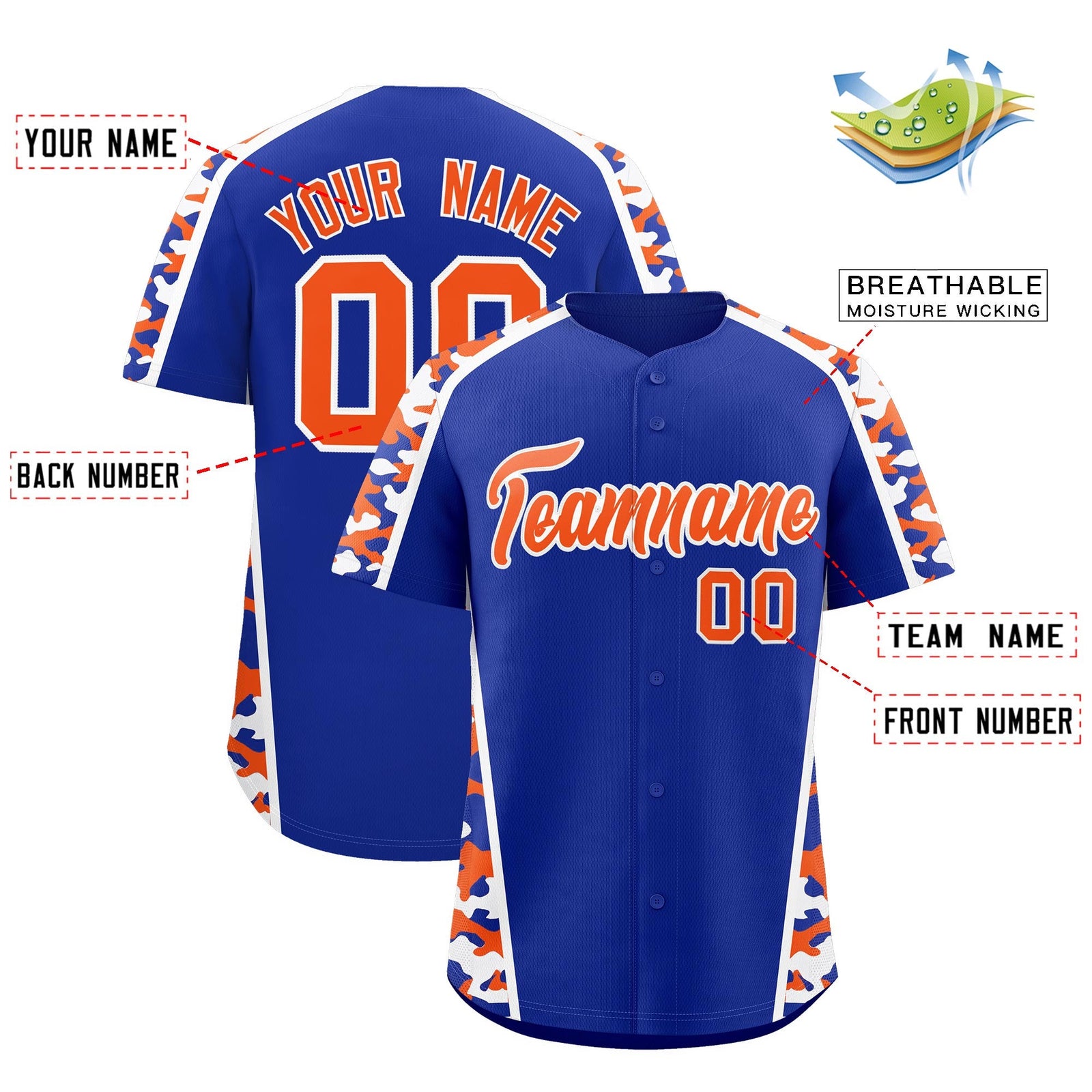 Custom Royal Blue Orange Side Camo Style Personalization Baseball Jersey| KXKSHOP