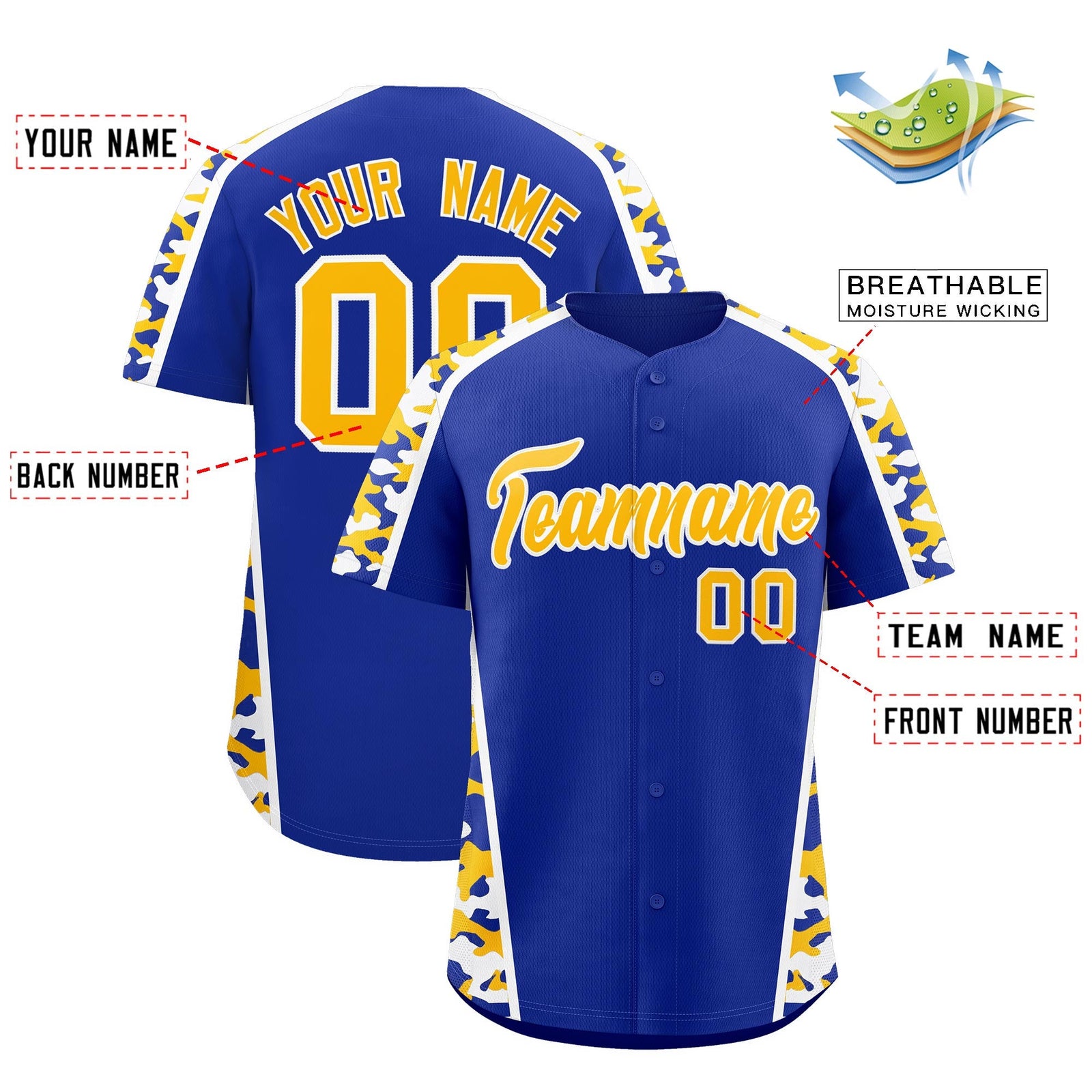 Custom Royal Blue Yellow Side Camo Style Personalization Baseball Jersey| KXKSHOP