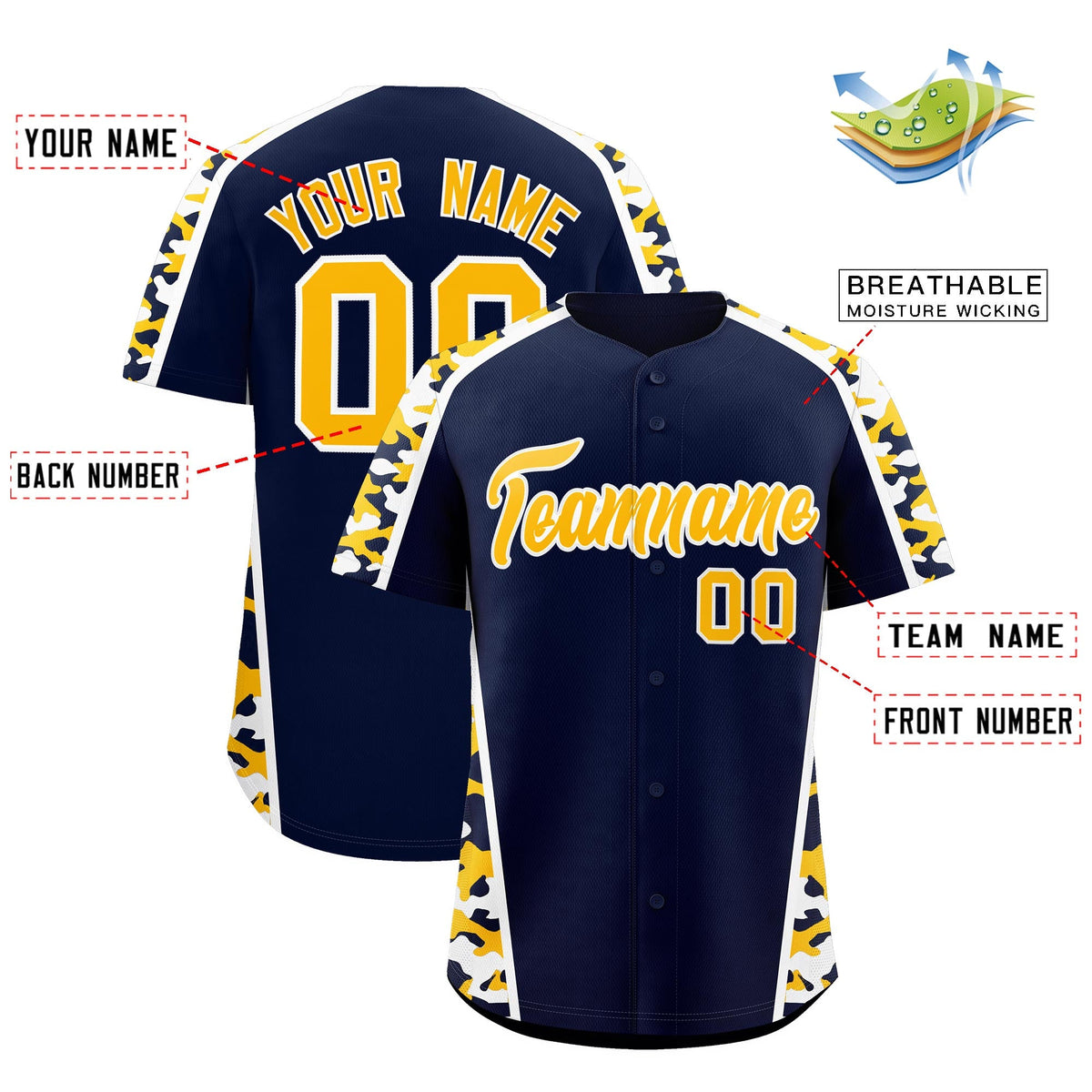 Custom Navy Yellow Side Camo Style Personalization Baseball Jersey| KXKSHOP