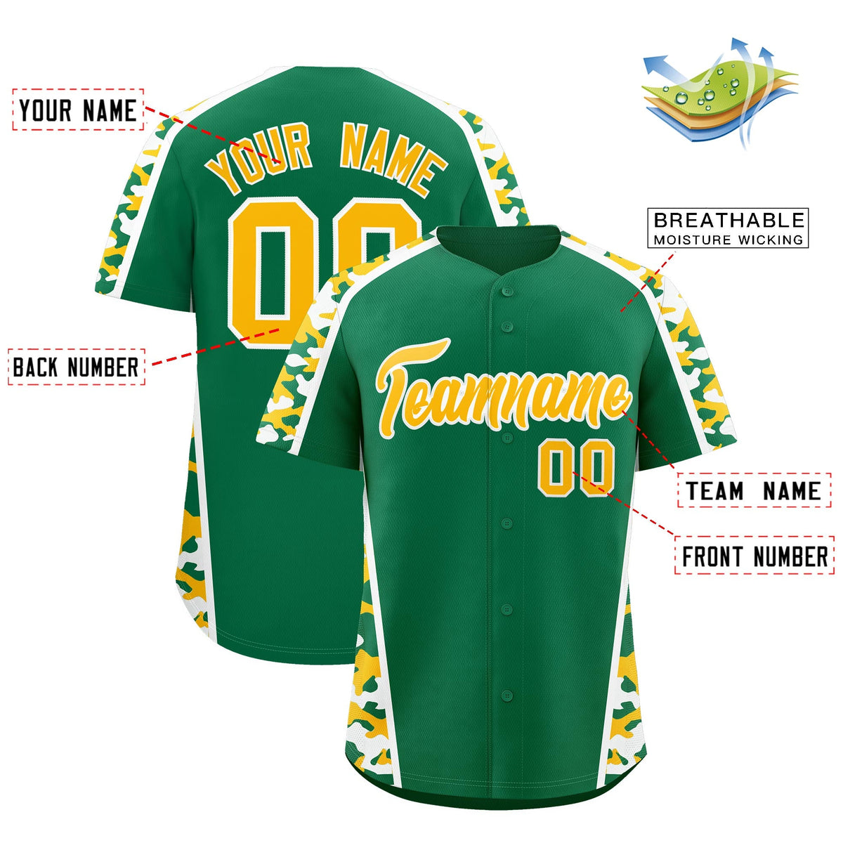 Custom Kelly Green Yellow Side Camo Style Personalization Baseball Jersey| KXKSHOP