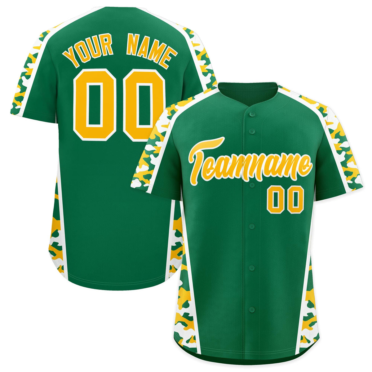 Custom Kelly Green Yellow Side Camo Style Personalization Baseball Jersey| KXKSHOP