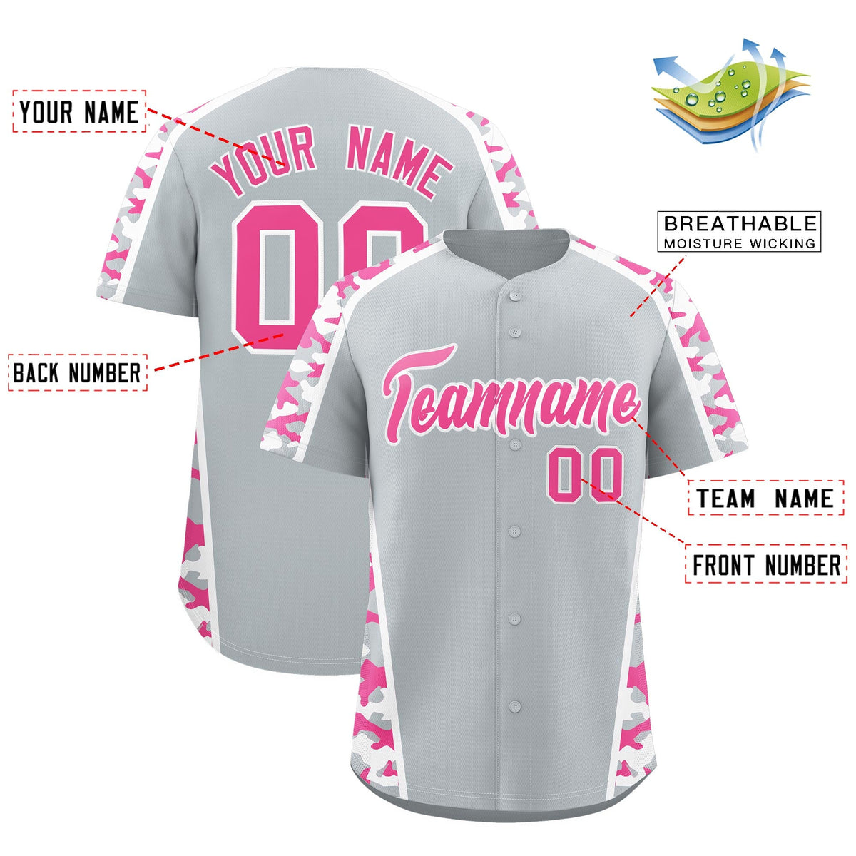 Custom Silver Pink Side Camo Style Personalization Baseball Jersey| KXKSHOP