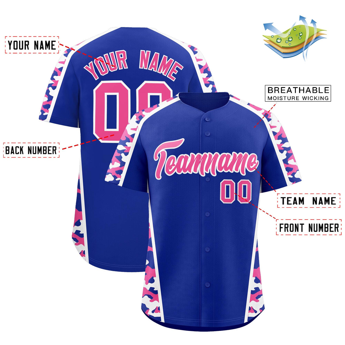 Custom Royal Blue Pink Side Camo Style Personalization Baseball Jersey| KXKSHOP