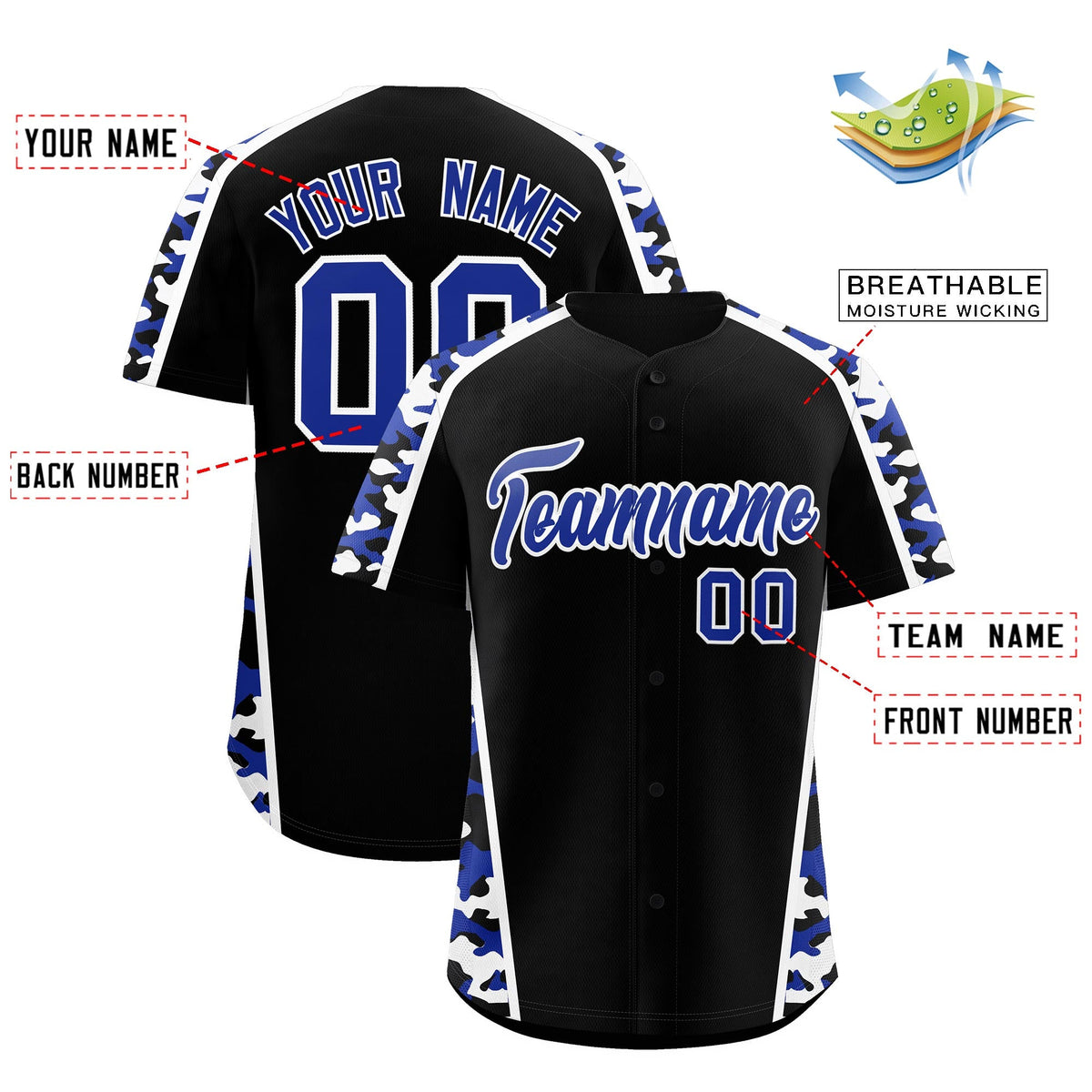 Custom Black Royal Blue Side Camo Style Personalization Baseball Jersey| KXKSHOP
