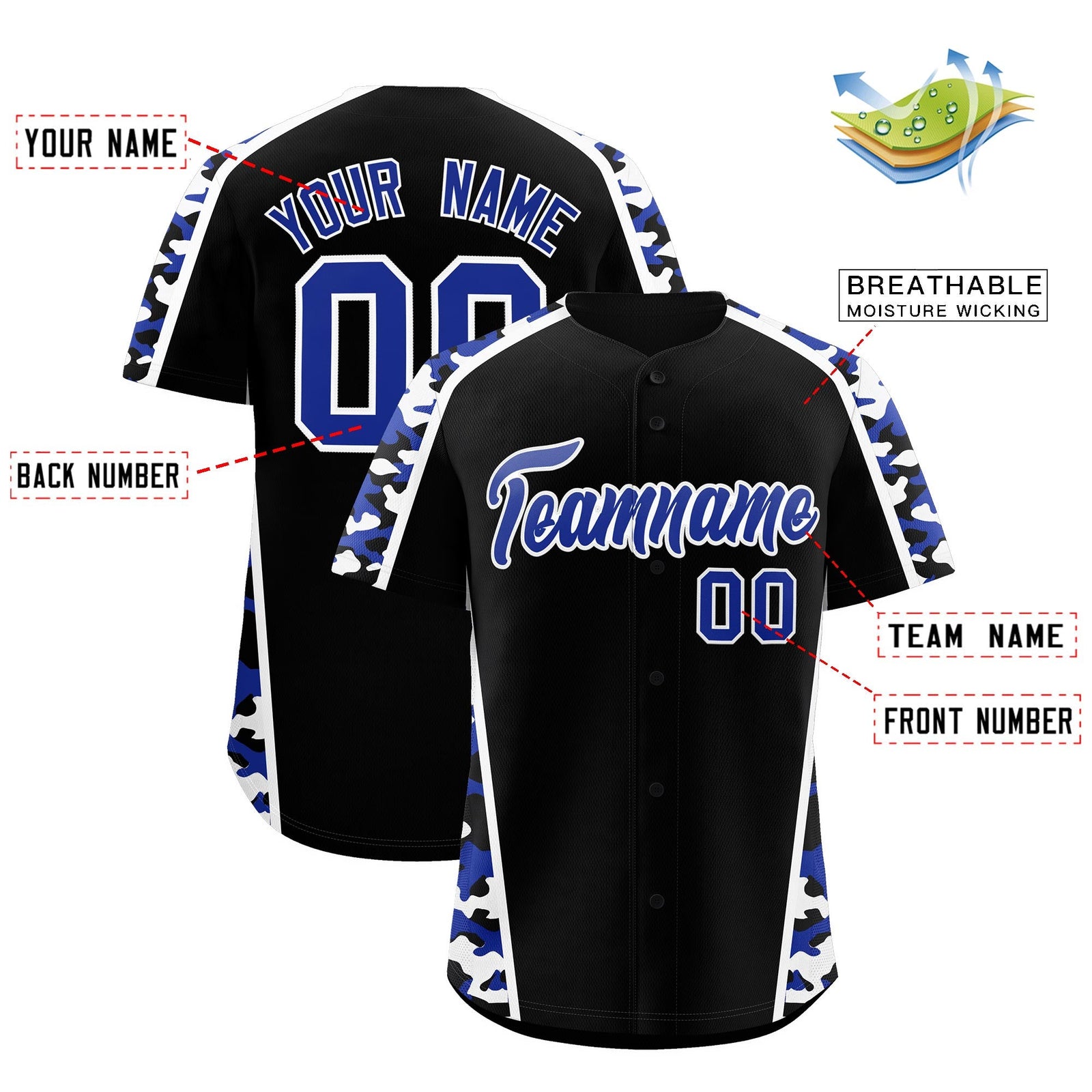 Custom Black Royal Blue Side Camo Style Personalization Baseball Jersey| KXKSHOP