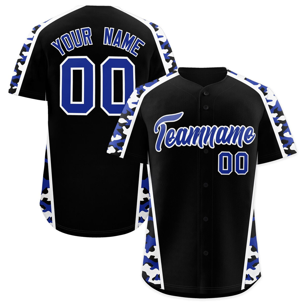 Custom Black Royal Blue Side Camo Style Personalization Baseball Jersey| KXKSHOP