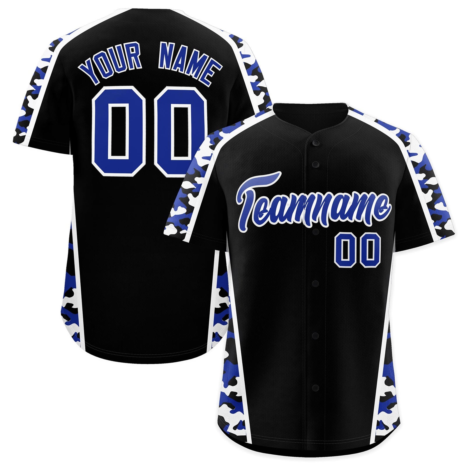 Custom Black Royal Blue Side Camo Style Personalization Baseball Jersey| KXKSHOP