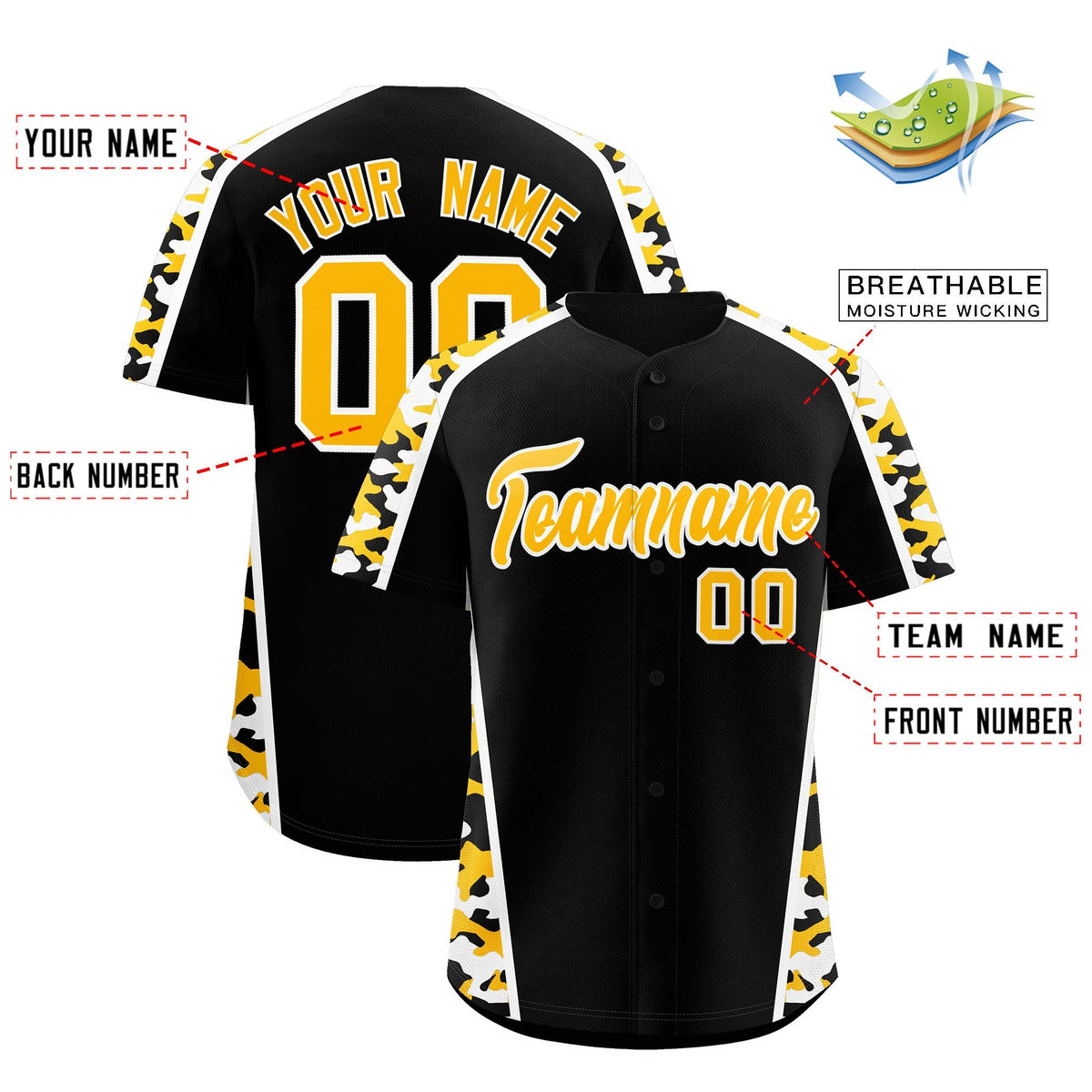Custom Black Yellow Side Camo Style Personalization Baseball Jersey| KXKSHOP