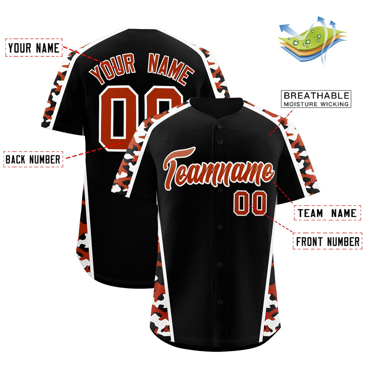 Custom Black Dark Orange Side Camo Style Personalization Baseball Jersey| KXKSHOP