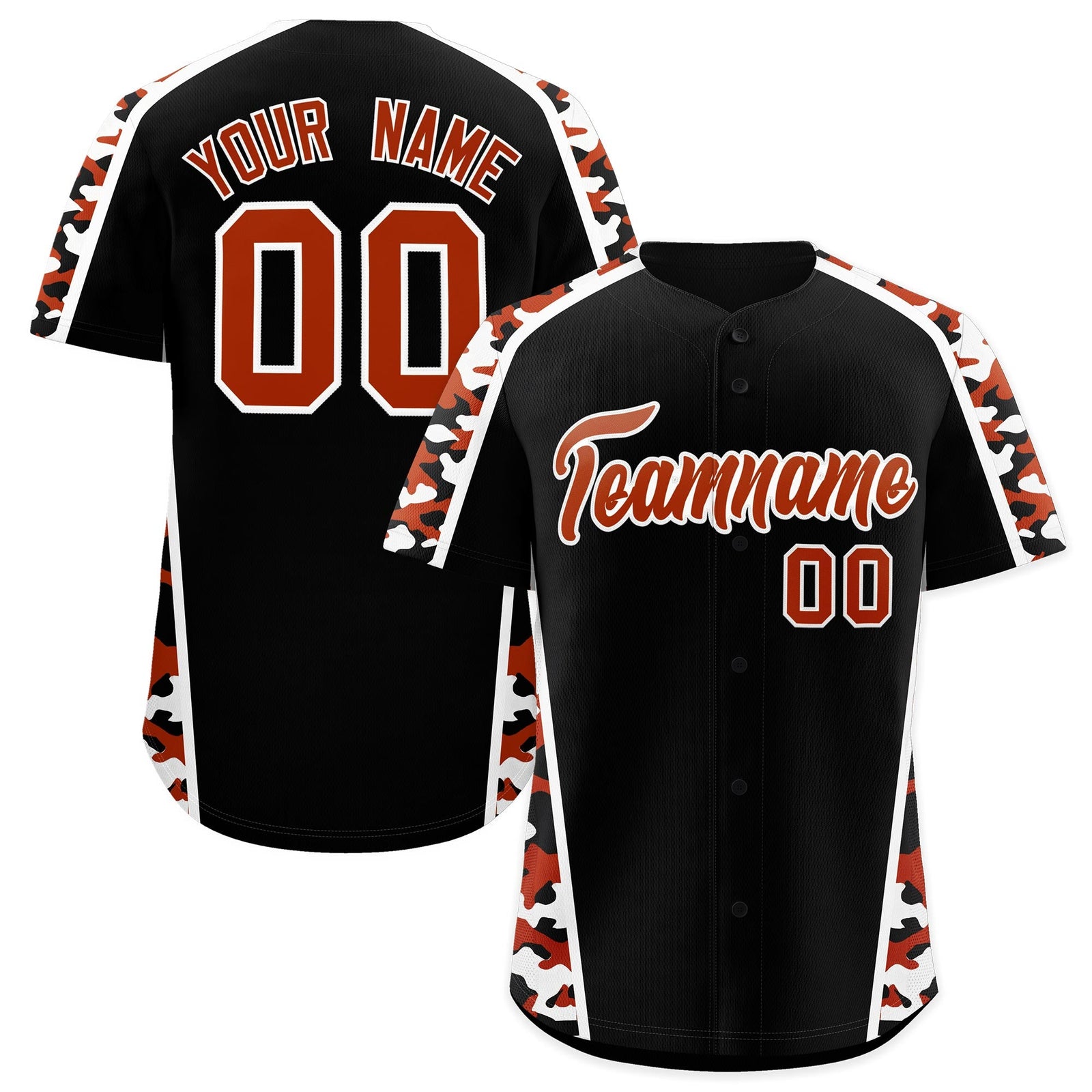 Custom Black Dark Orange Side Camo Style Personalization Baseball Jersey| KXKSHOP
