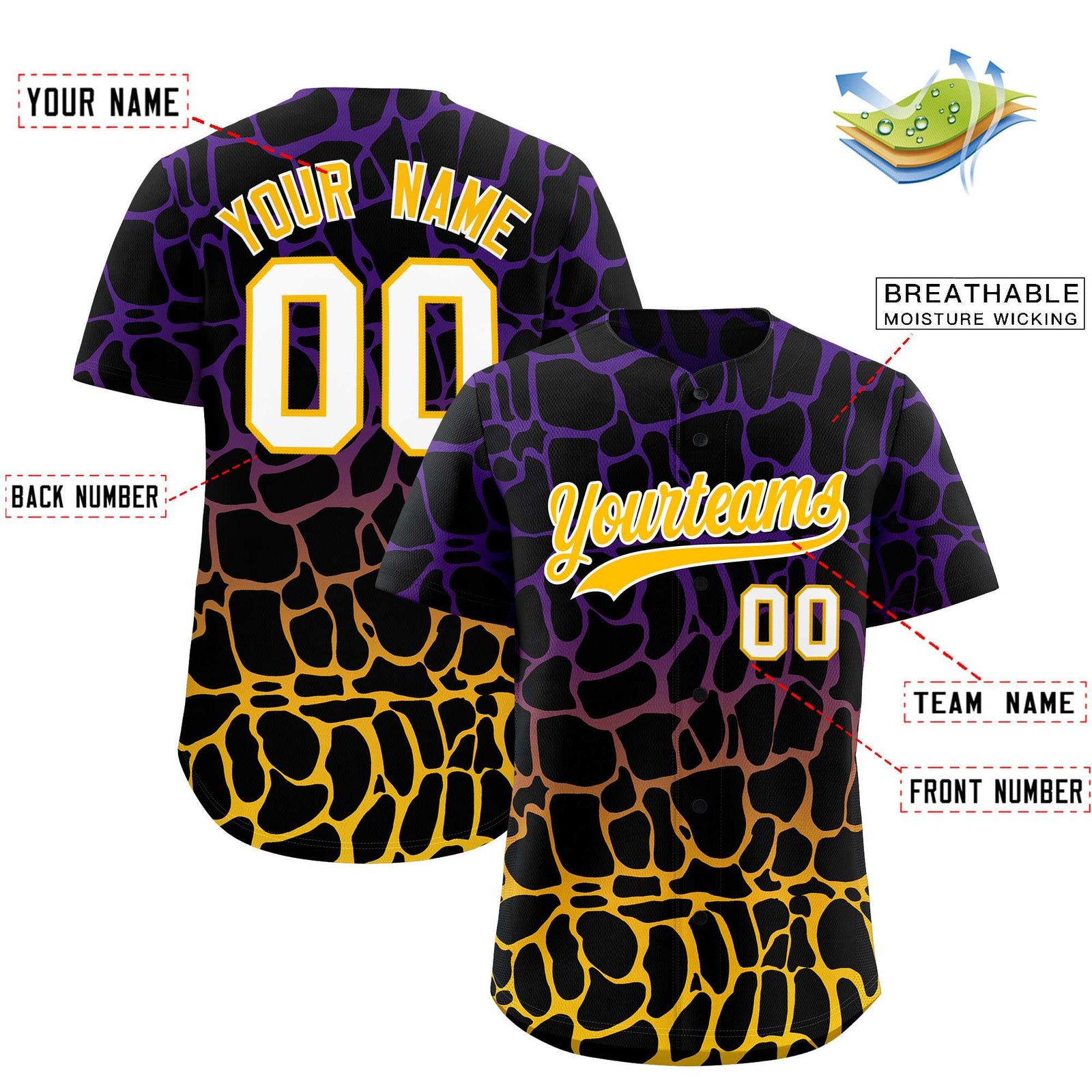 Custom Purple Gold Giraffe Graffiti Pattern Authentic Baseball Jersey