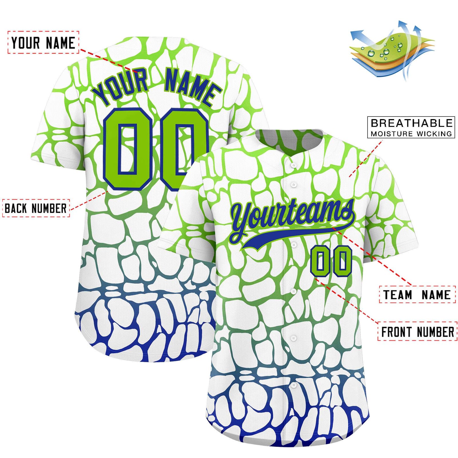 Custom Neon Green Royal Giraffe Graffiti Pattern Authentic Baseball Jersey