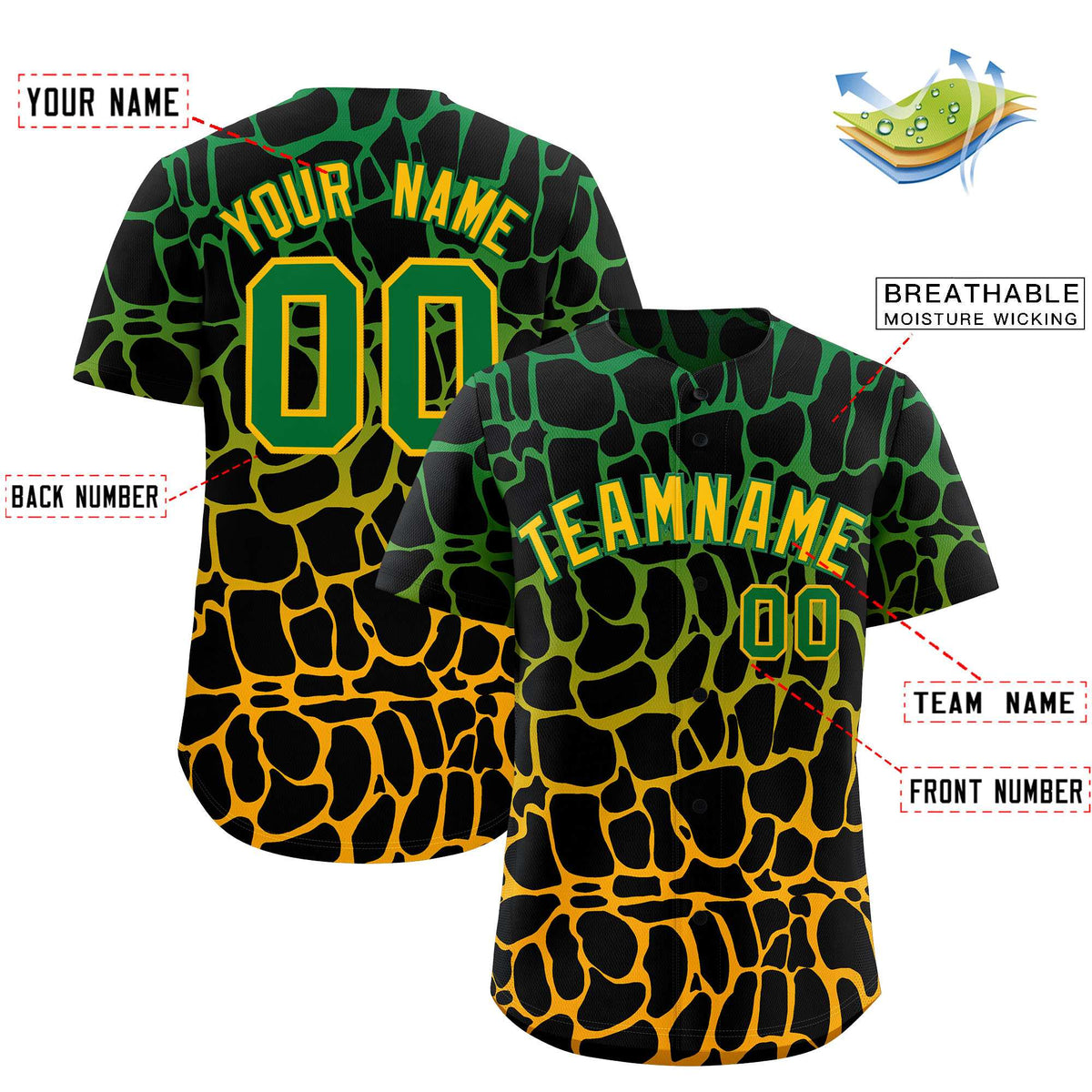 Custom Kelly Green Yellow Giraffe Graffiti Pattern Authentic Baseball Jersey