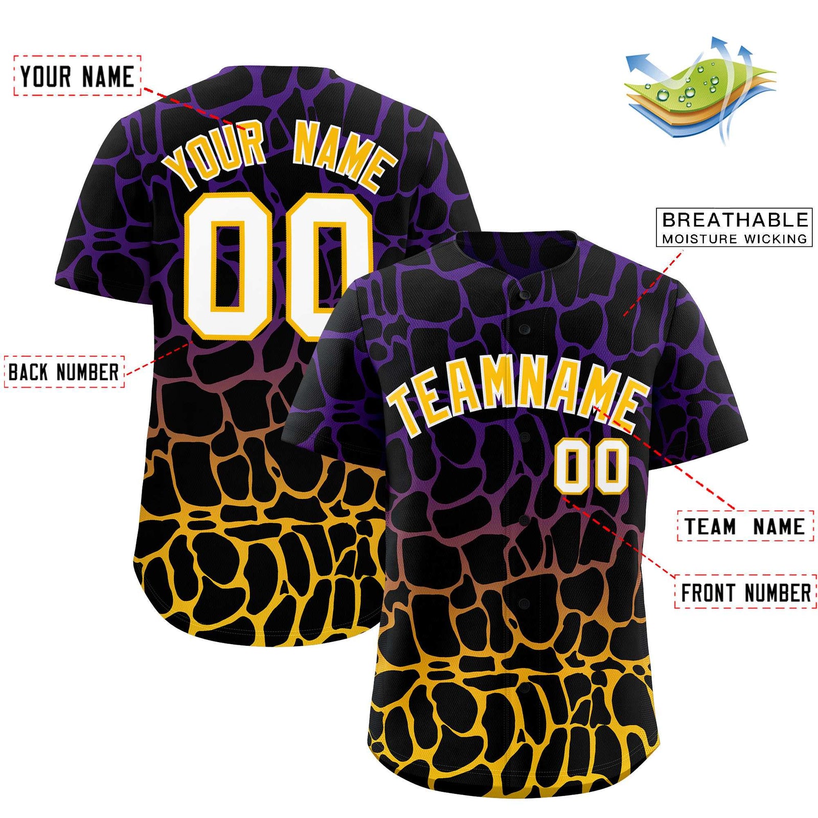 Custom Purple Gold Giraffe Graffiti Pattern Authentic Baseball Jersey