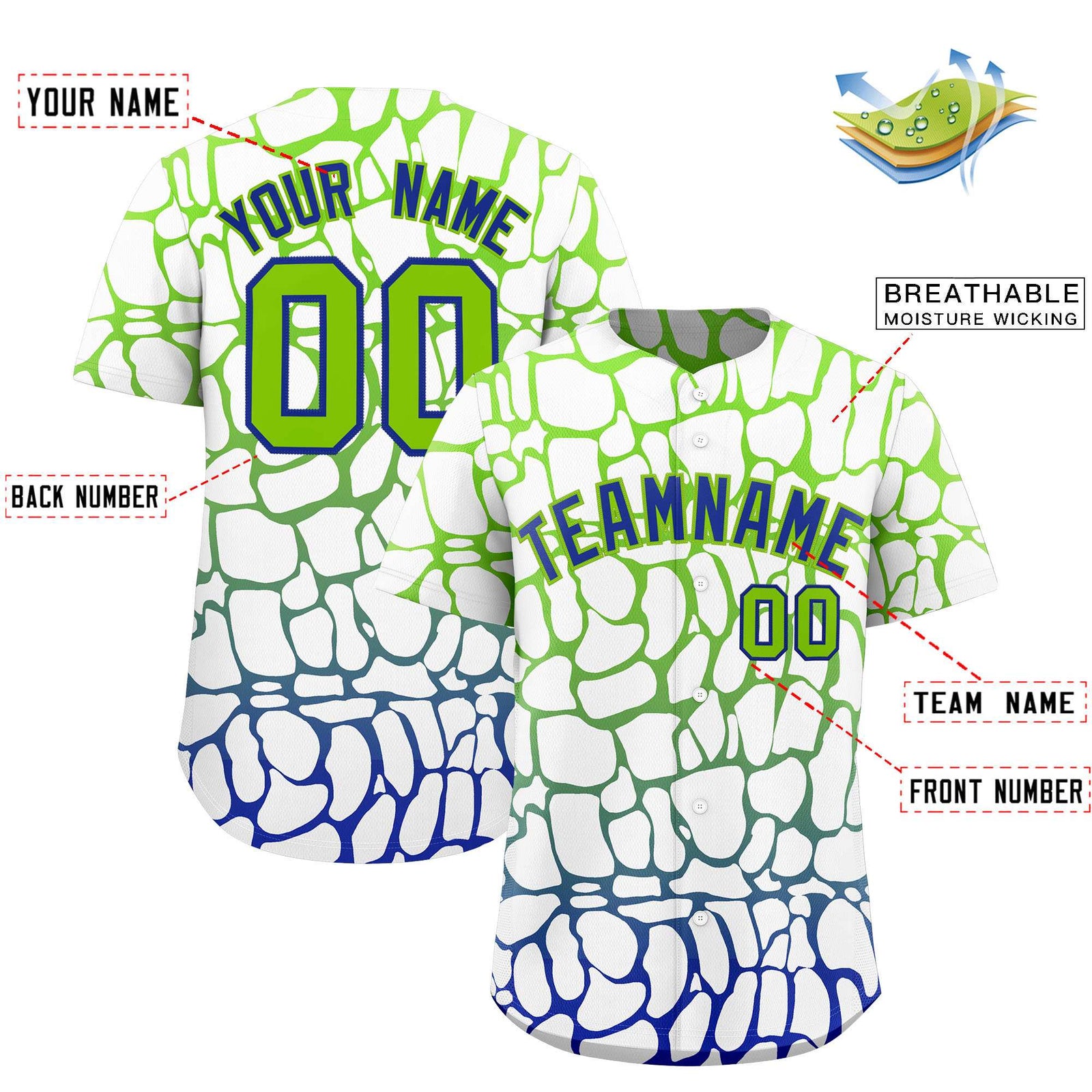 Custom Neon Green Royal Giraffe Graffiti Pattern Authentic Baseball Jersey