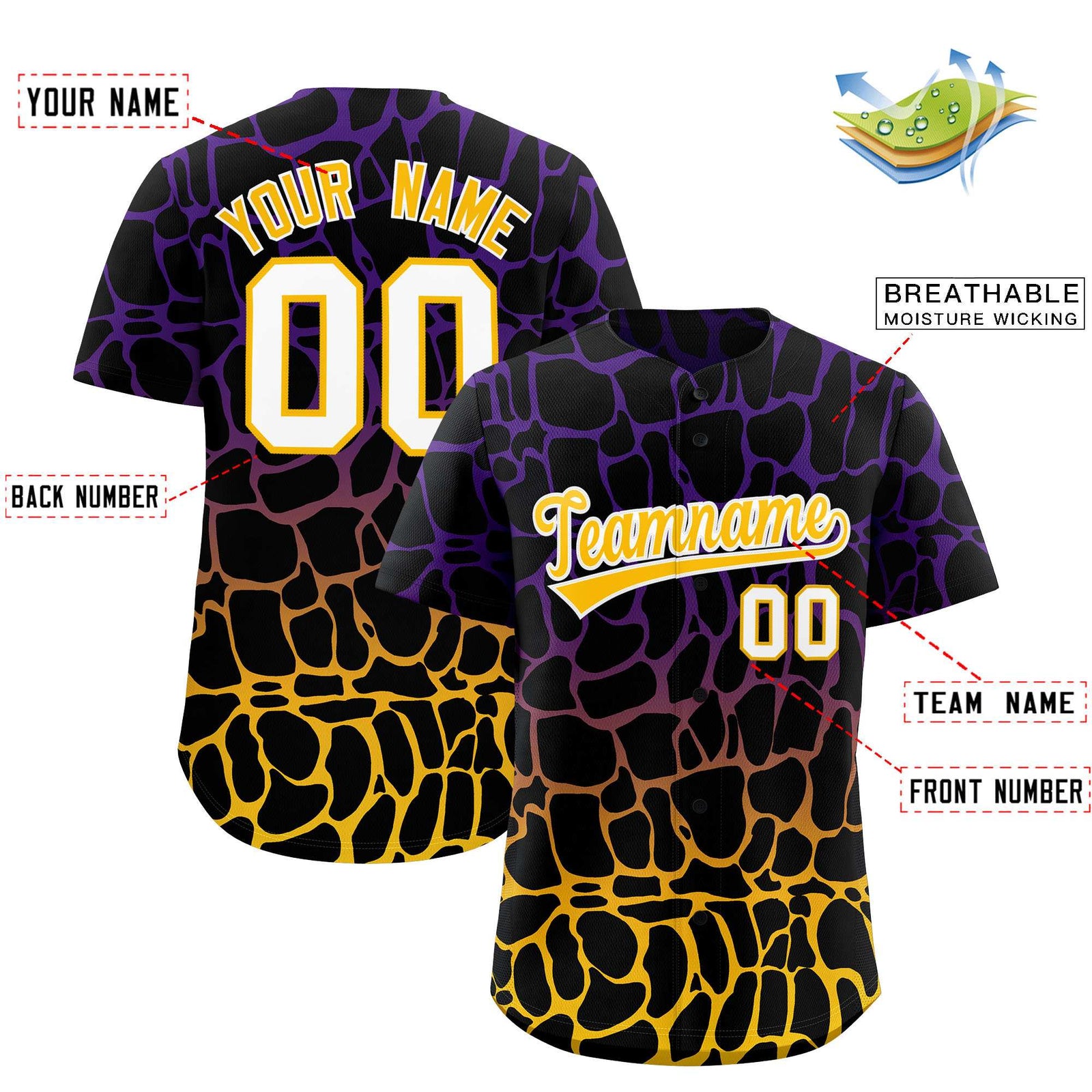 Custom Purple Gold Giraffe Graffiti Pattern Authentic Baseball Jersey