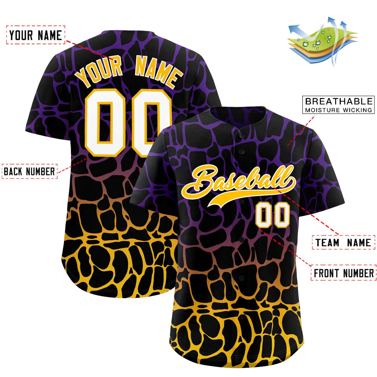 Custom Purple Gold Giraffe Graffiti Pattern Authentic Baseball Jersey