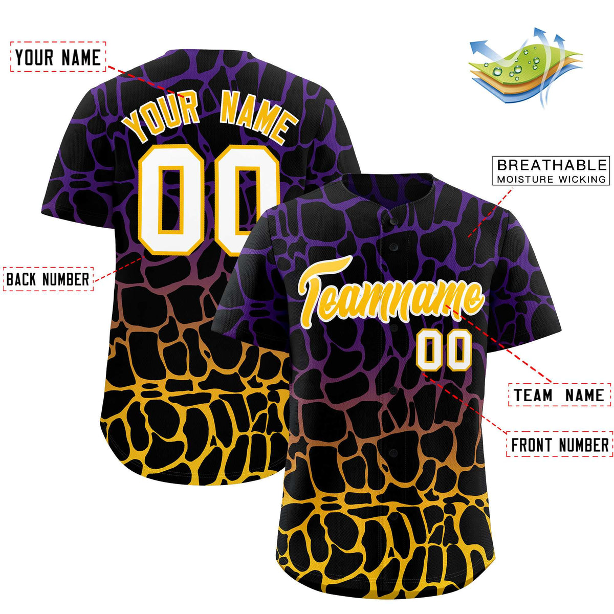 Custom Purple Gold Giraffe Graffiti Pattern Authentic Baseball Jersey
