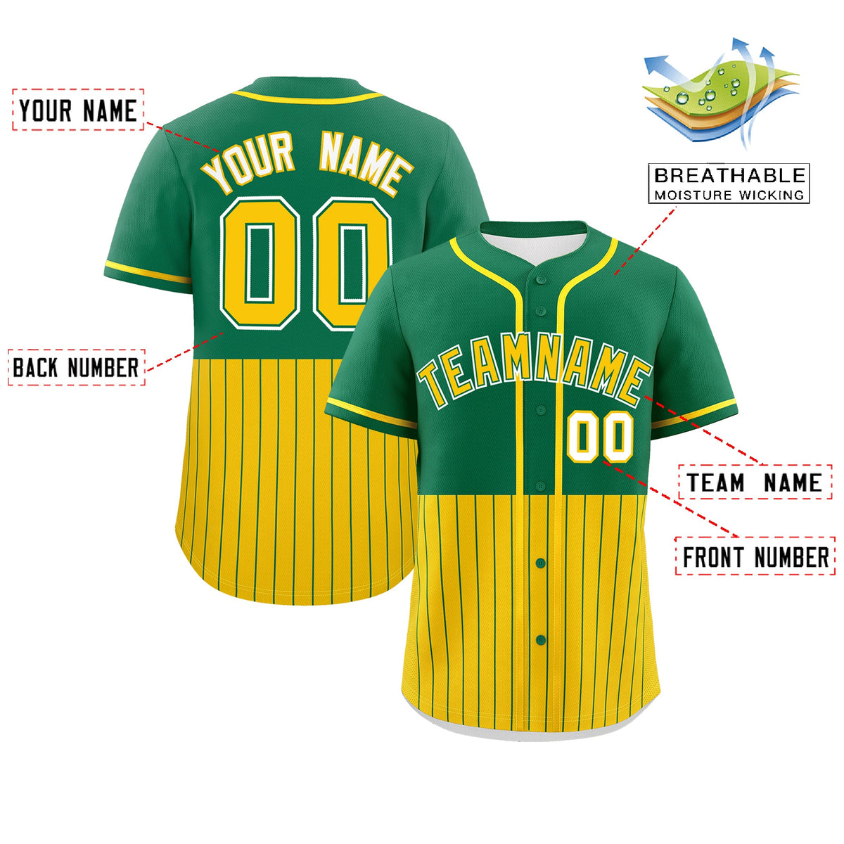Custom Kelly Green Gold Personalized Half Stripe Design Authentic Baseball Jersey