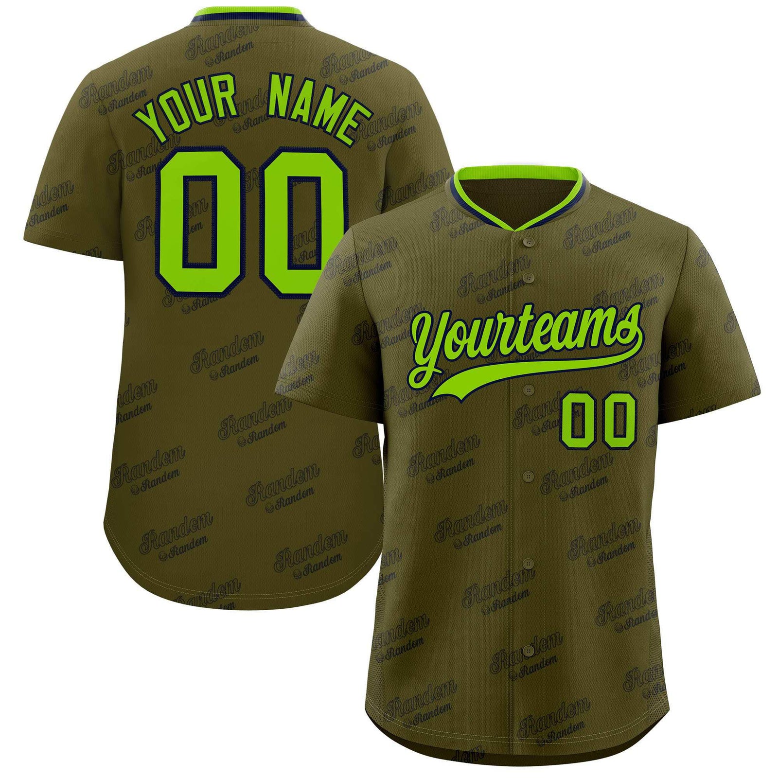 Custom Olive Neon Green Full Button Text Graffiti Pattern Authentic Baseball Jersey