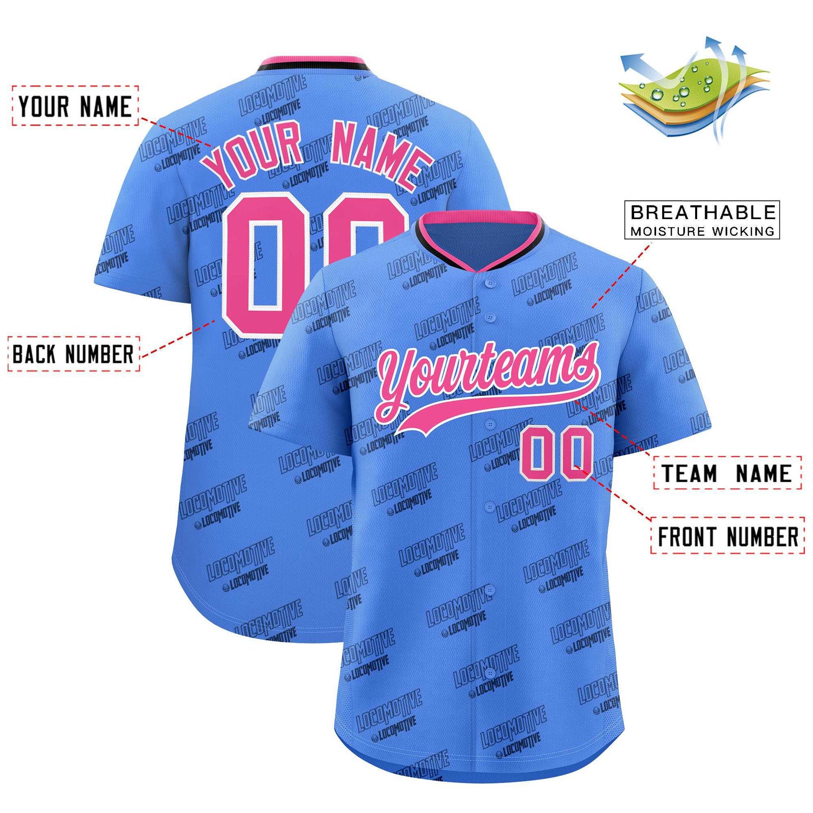 Custom Powder Blue Pink Full Button Text Graffiti Pattern Authentic Baseball Jersey