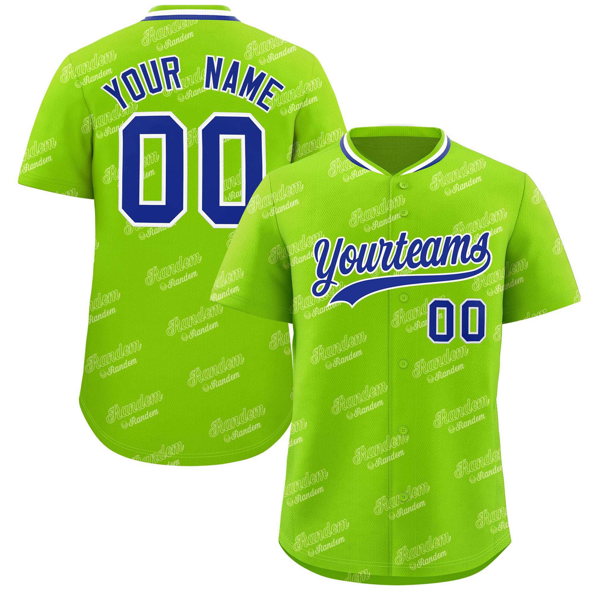Custom Neon Green Royal Full Button Text Graffiti Pattern Authentic Baseball Jersey