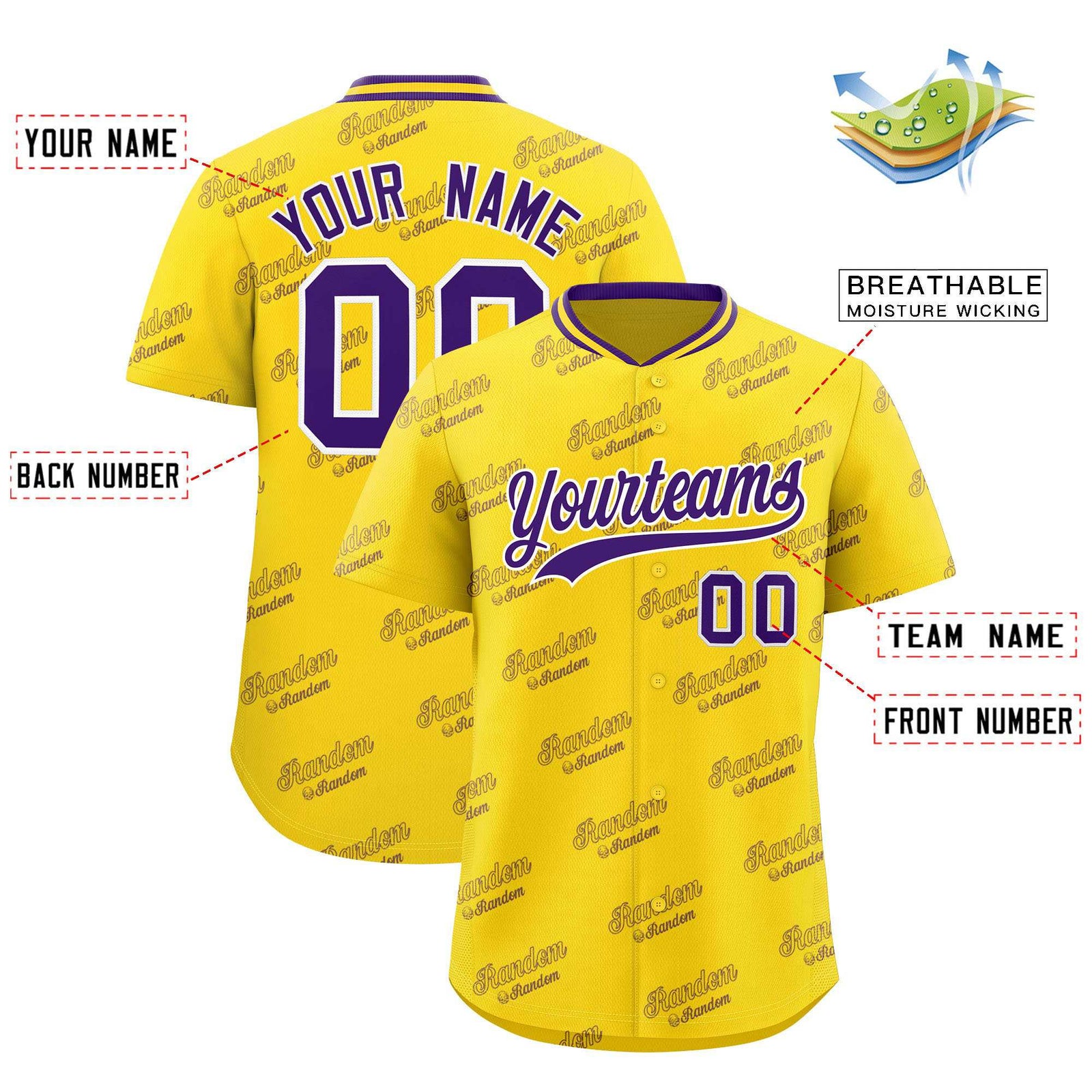 Custom Gold Purple Full Button Text Graffiti Pattern Authentic Baseball Jersey