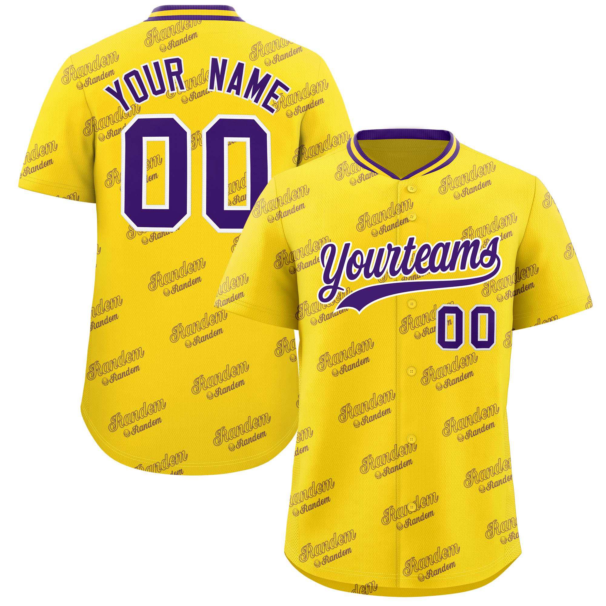 Custom Gold Purple Full Button Text Graffiti Pattern Authentic Baseball Jersey