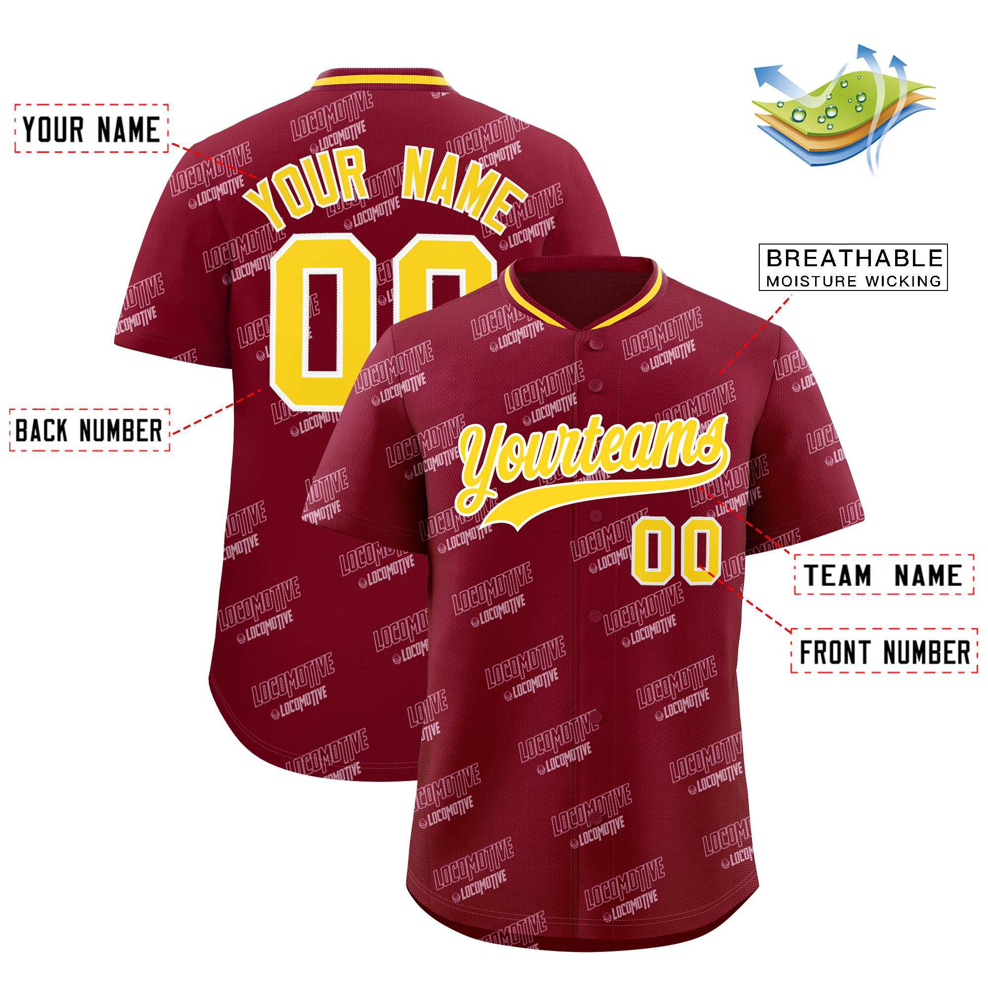 Custom Crimson Gold Full Button Text Graffiti Pattern Authentic Baseball Jersey