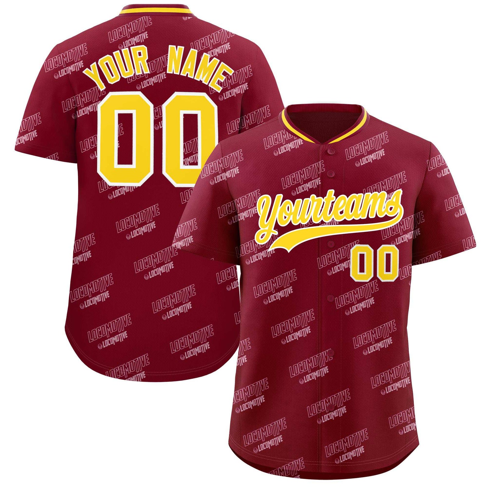 Custom Crimson Gold Full Button Text Graffiti Pattern Authentic Baseball Jersey