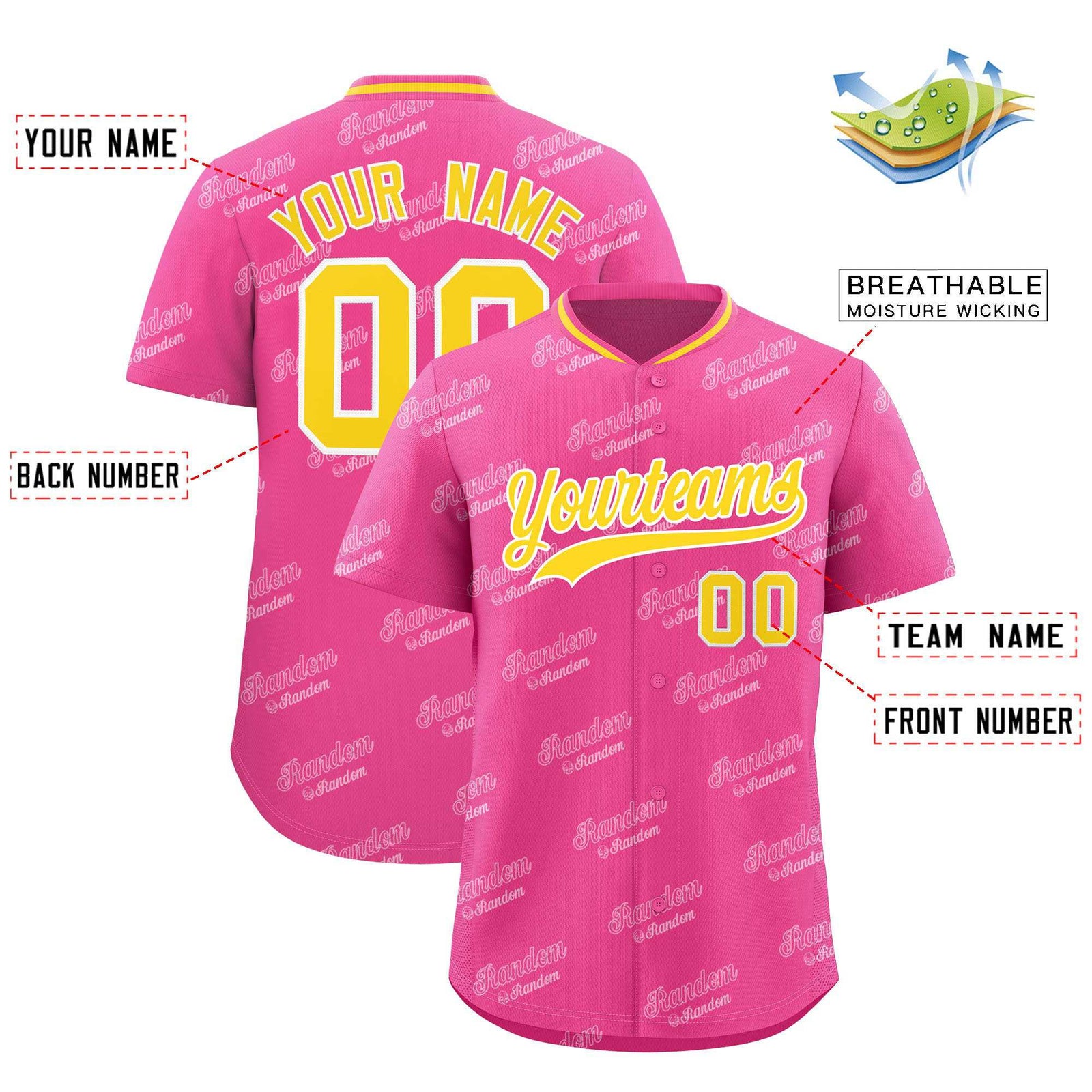 Custom Pink Gold Full Button Text Graffiti Pattern Authentic Baseball Jersey