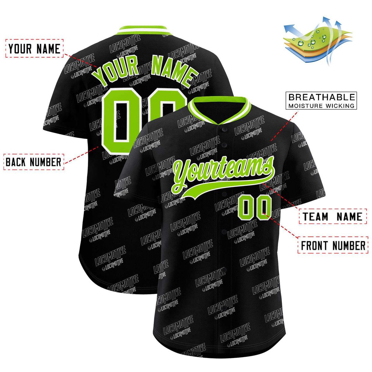 Custom Black Neon Green Full Button Text Graffiti Pattern Authentic Baseball Jersey