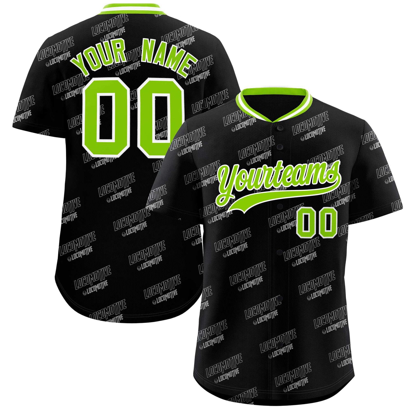 Custom Black Neon Green Full Button Text Graffiti Pattern Authentic Baseball Jersey