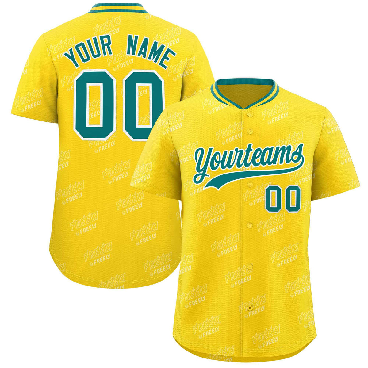 Custom Gold Teal Full Button Text Graffiti Pattern Authentic Baseball Jersey
