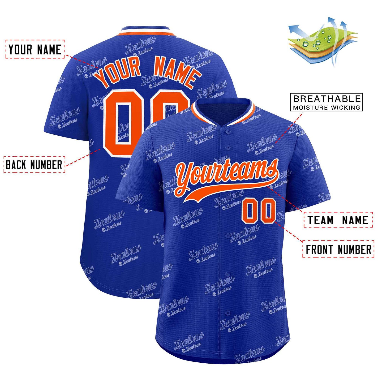 Custom Royal Orange Full Button Text Graffiti Pattern Authentic Baseball Jersey