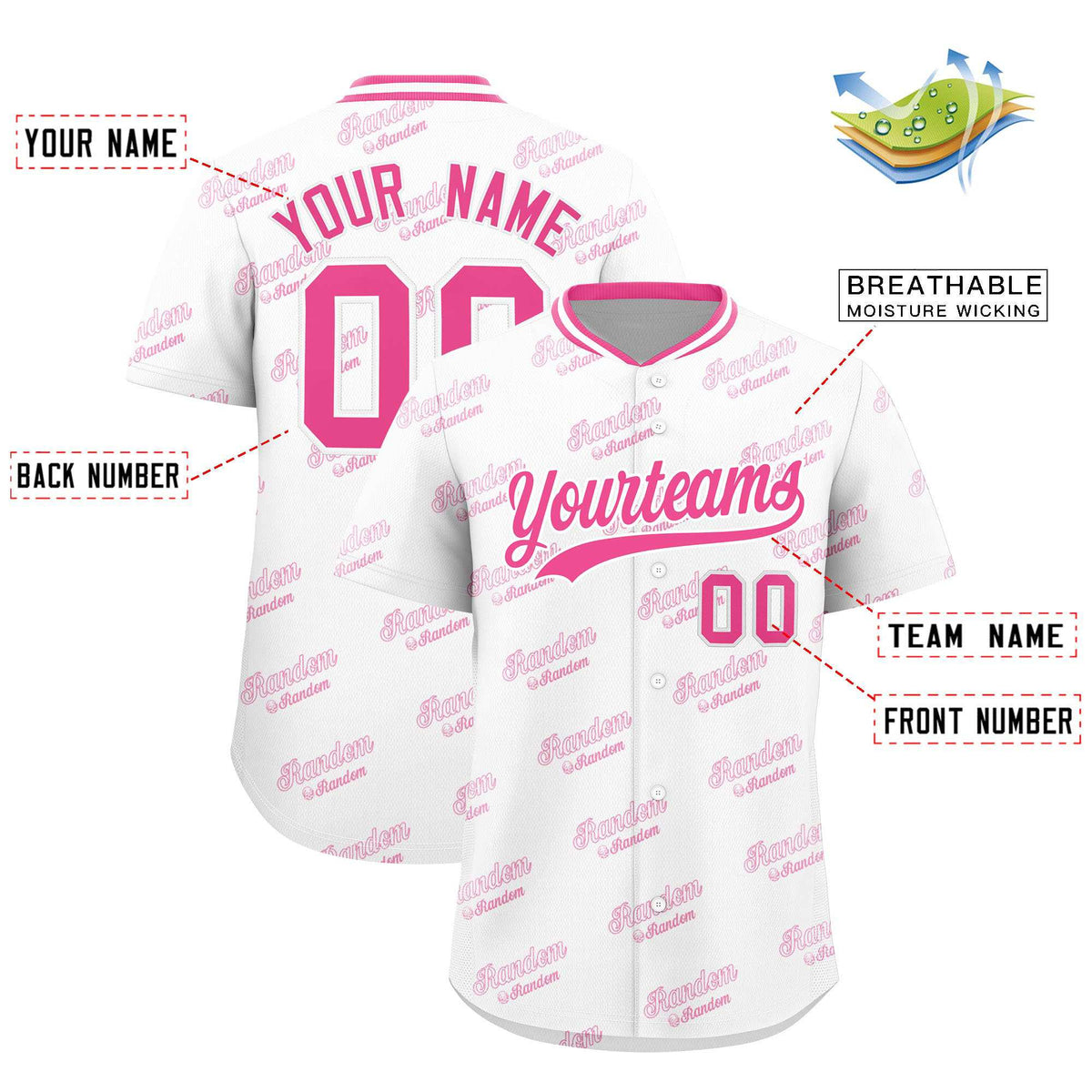Custom White Pink Full Button Text Graffiti Pattern Authentic Baseball Jersey